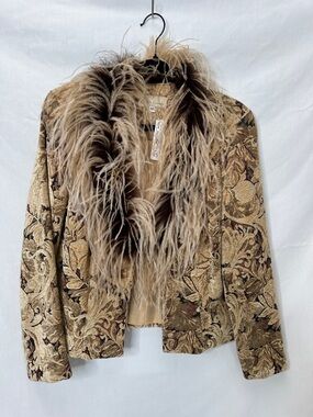 Carole Little Gold and Brown Floral Tapestry Blazer with Beige Faux Fur Trim